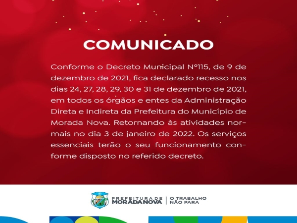 O Governo Municipal públicou recesso de final de ano do funcionalismo público.